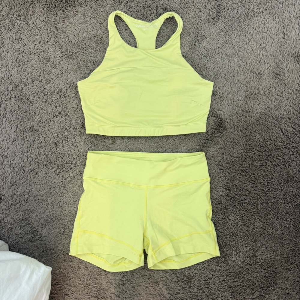 Outdoor Voices Light Yellow Bike Shorts and Sports Bra Set